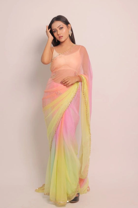 Rajwada - Pure Chiffon Baby Pink / Multi Saree