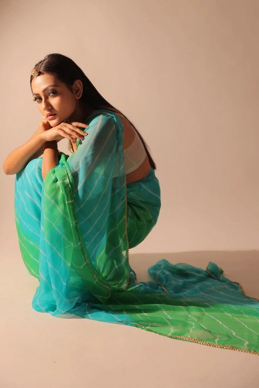 Bahar - Pure Chiffon Blue/Green Hand Dyed Leheriya Saree
