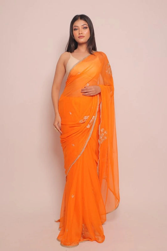Kapas - Pure Chiffon Orange Saree