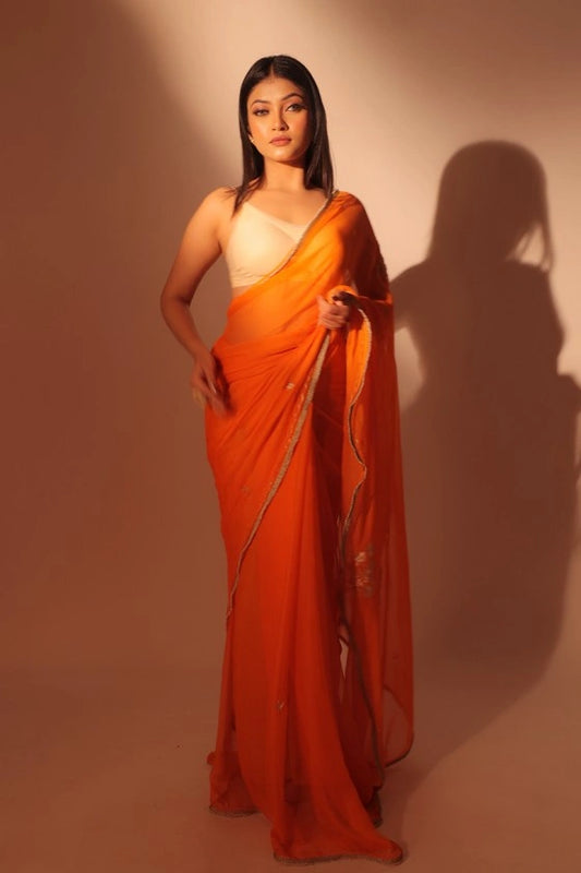 Kapas - Pure Chiffon Orange Saree