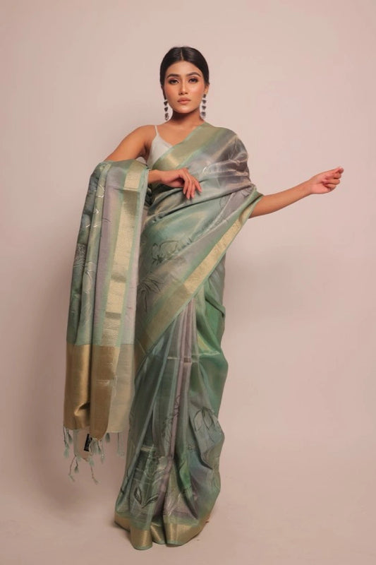 Prussian Teal - Mysore Floral Green Fancy Saree