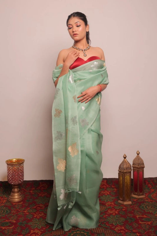 Paradise - Banarasi Pure Kora Silk Buta Pista Green Handloom Saree