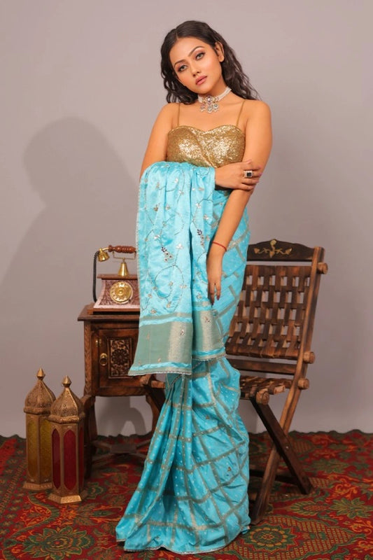 Mermaid'S Song - Gajji Silk Sky Blue Saree