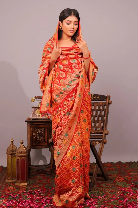 Spanish Kiss - Banarasi Pure Georgette Red Bandhani Meenakari Saree