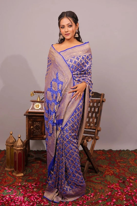 Fly Away - Banarasi Pure Georgette Blue Bandhani Saree