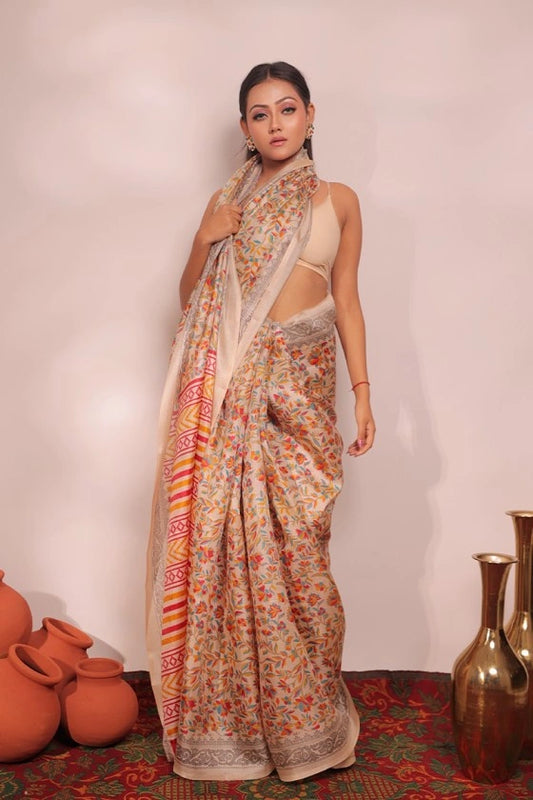Coral Sea - Chanderi Cotton Beige Floral Print Saree