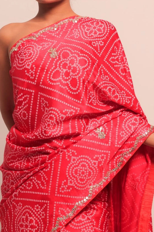 Stop Light - Mudal Gajji Silk Red Bandhej Saree With Zari