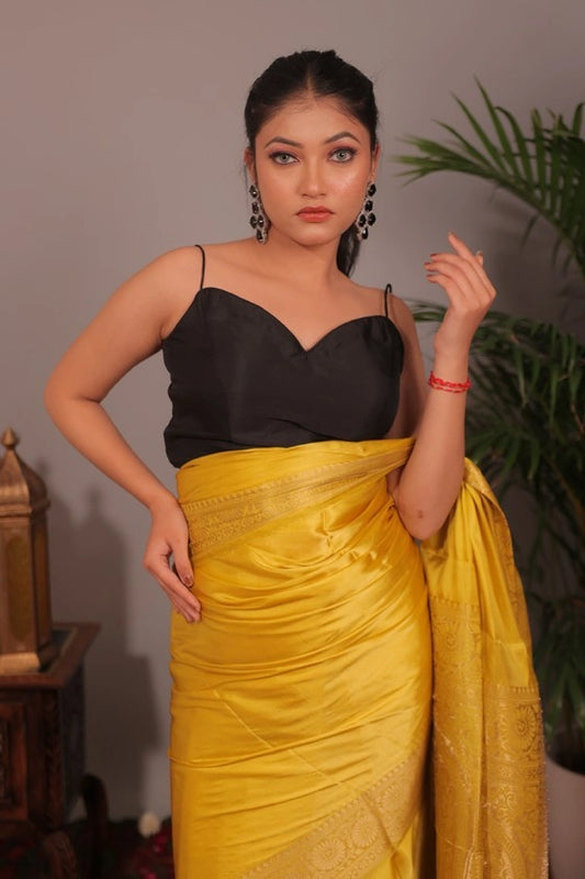 Late Day Sun - Banarasi Mashru Silk Golden Walkalam Saree