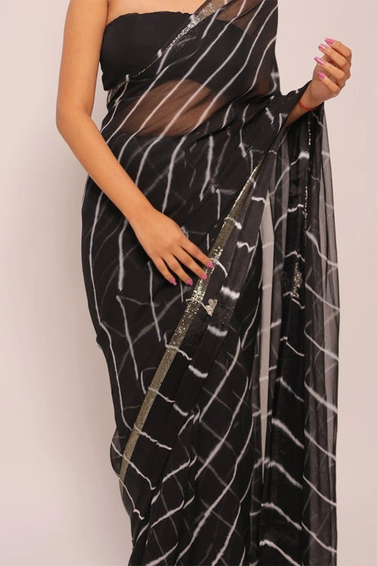Madhurima Aangan - Chiffon & Satin Black Leheriya Saree