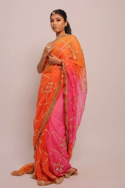 Khadar - Pure Chiffon Orange / Pink Kacha Gotta Saree