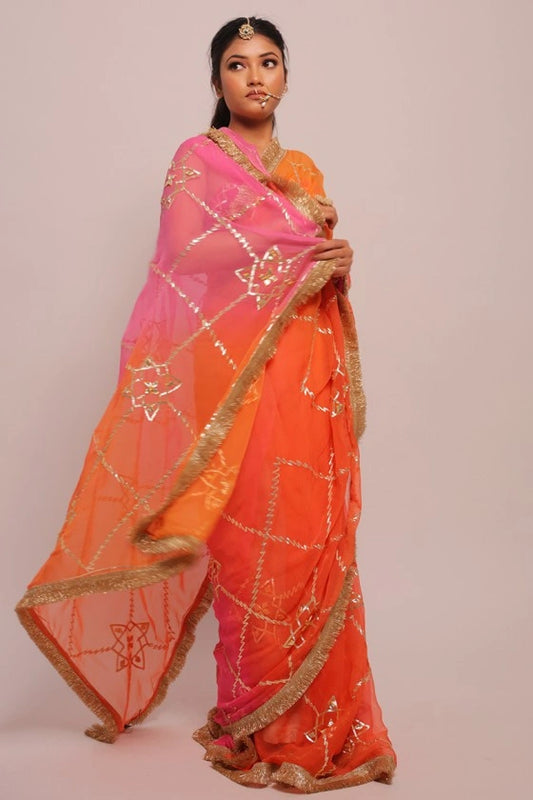 Khadar - Pure Chiffon Orange / Pink Kacha Gotta Saree