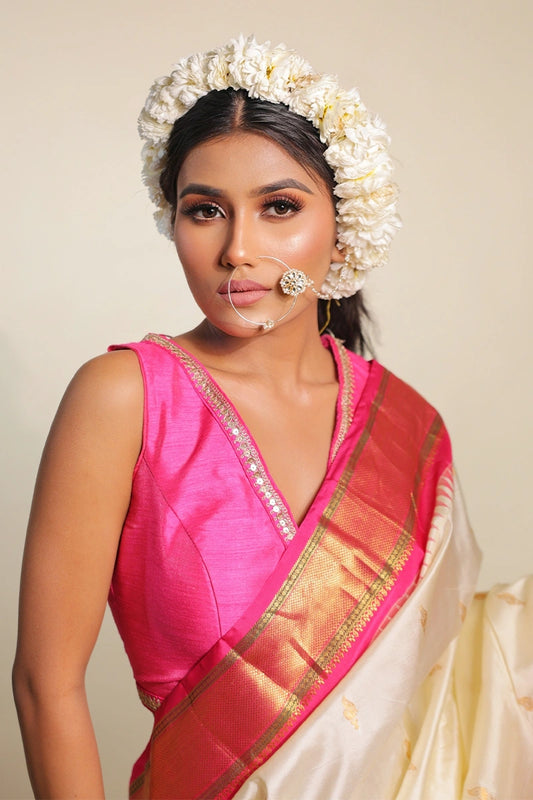 Tinge Of Rose - Pure Silk Handloom White & Pink Saree (Temple Border)