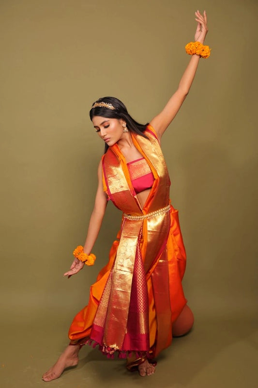 Glowing Rust - Pure Silk Kanjivaram Handloom Orange Saree