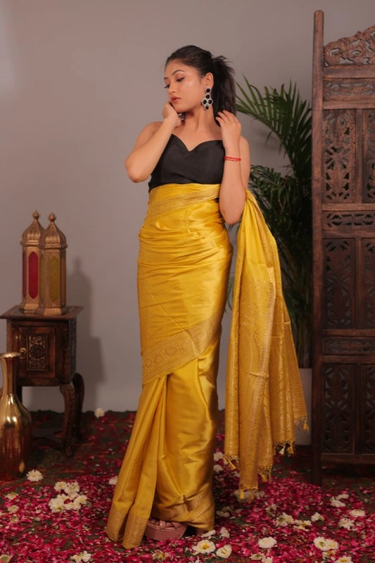 Late Day Sun - Banarasi Mashru Silk Golden Walkalam Saree