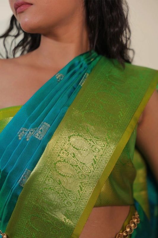 Iced Kiwi - Pure Silk Kanjivaram Handloom Green Saree