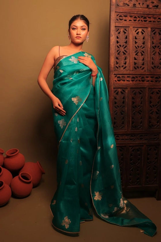 Little Creek - Banarasi Pure Kora Silk Buta Green Handloom Saree