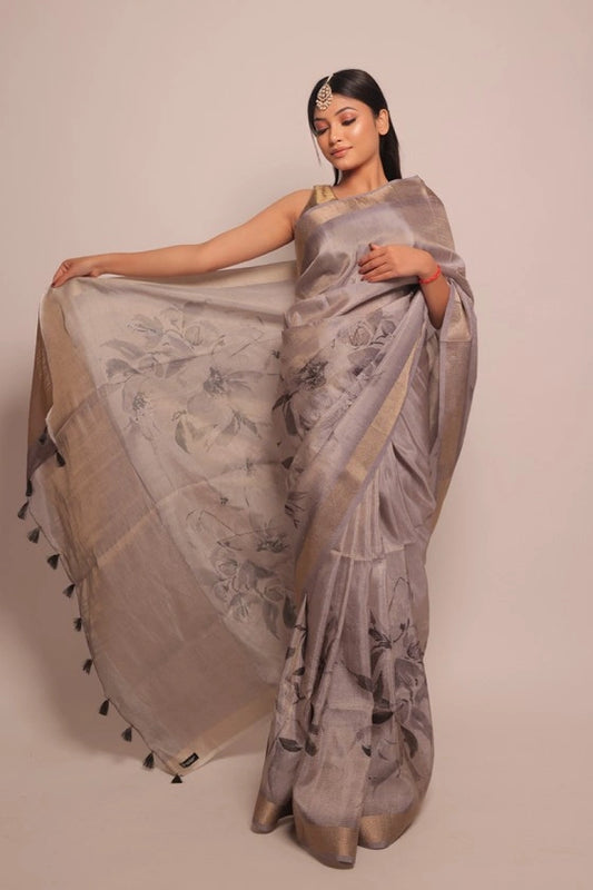 Lap Of Himalaya - Mysore Floral Grey Fancy Saree