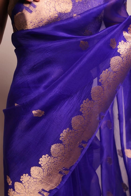 Bridgewaters - Banarasi Pure Kora Silk Buta Blue Handloom Saree
