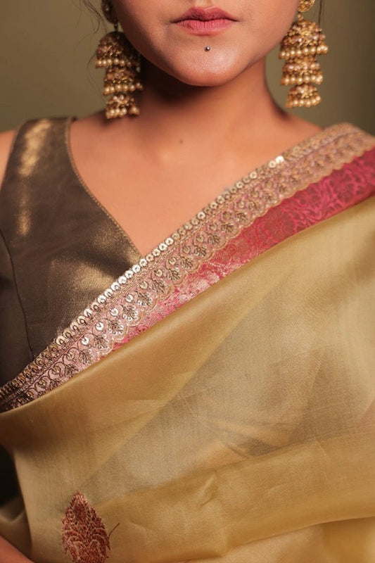 Delightful Lime - Banarasi Pure Kora Silk Buta Olive Green Handloom Saree
