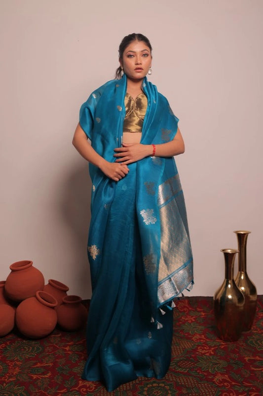 Open Sky - Banarasi Pure Kora Silk Buta Turquoise Blue Handloom Saree