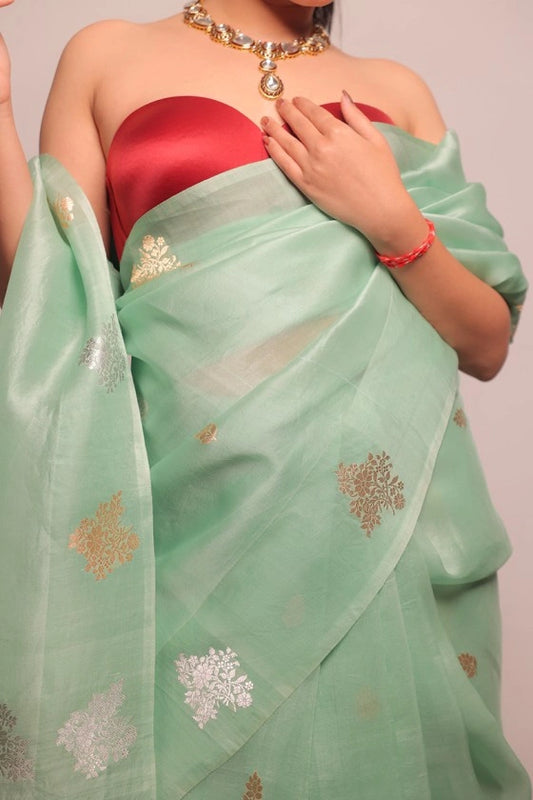Paradise - Banarasi Pure Kora Silk Buta Pista Green Handloom Saree