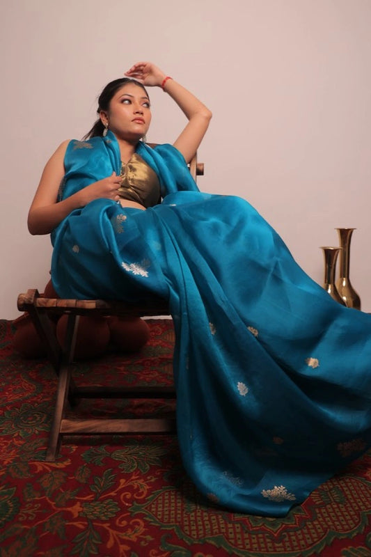 Open Sky - Banarasi Pure Kora Silk Buta Turquoise Blue Handloom Saree