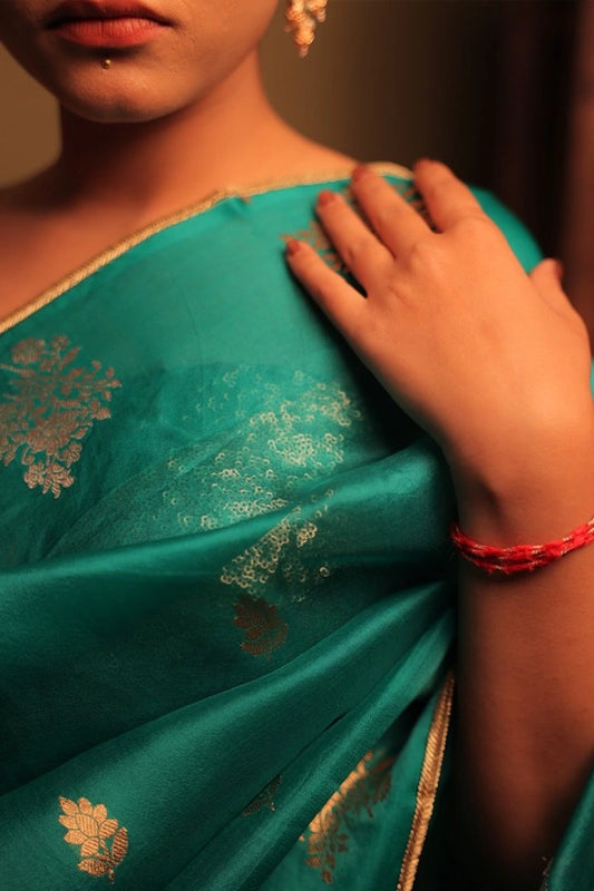 Little Creek - Banarasi Pure Kora Silk Buta Green Handloom Saree
