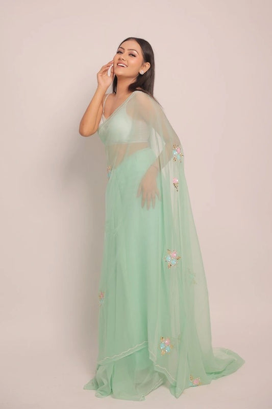 Bouchar - Pure Chiffon Pista Green Floral Saree