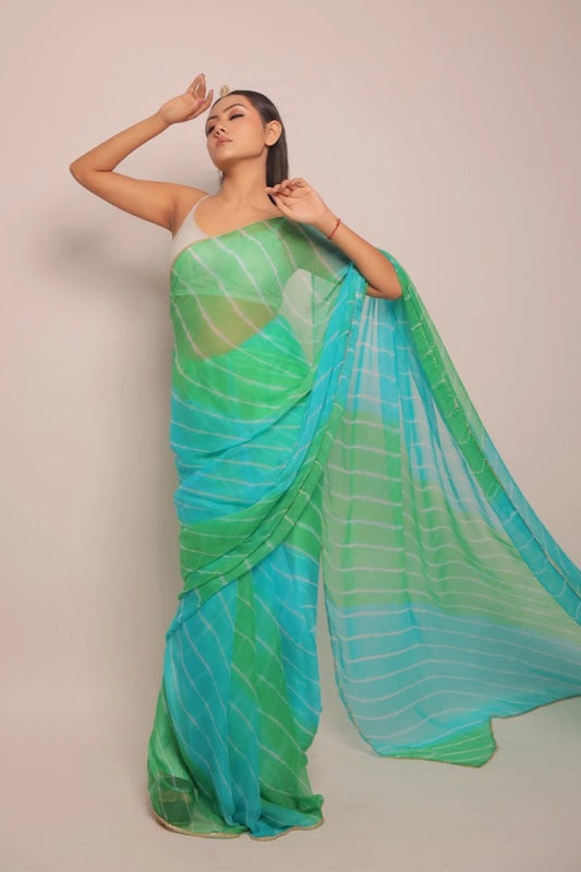 Bahar - Pure Chiffon Blue/Green Hand Dyed Leheriya Saree