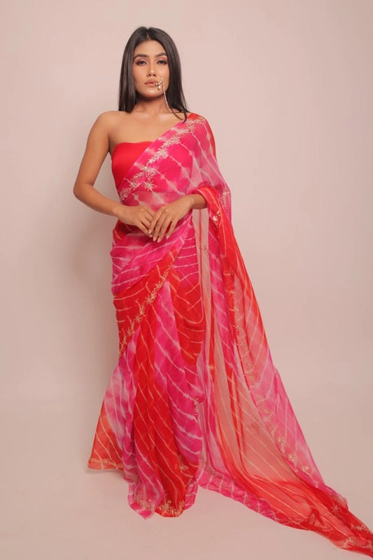 Namak - Pure Chiffon Hand Dyed Red Leheriya Saree