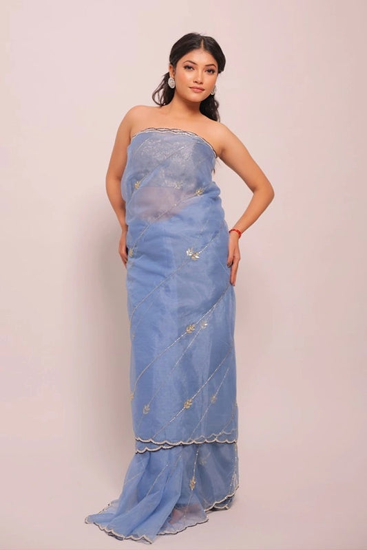 Blue Bead - Organza Ice Blue Saree