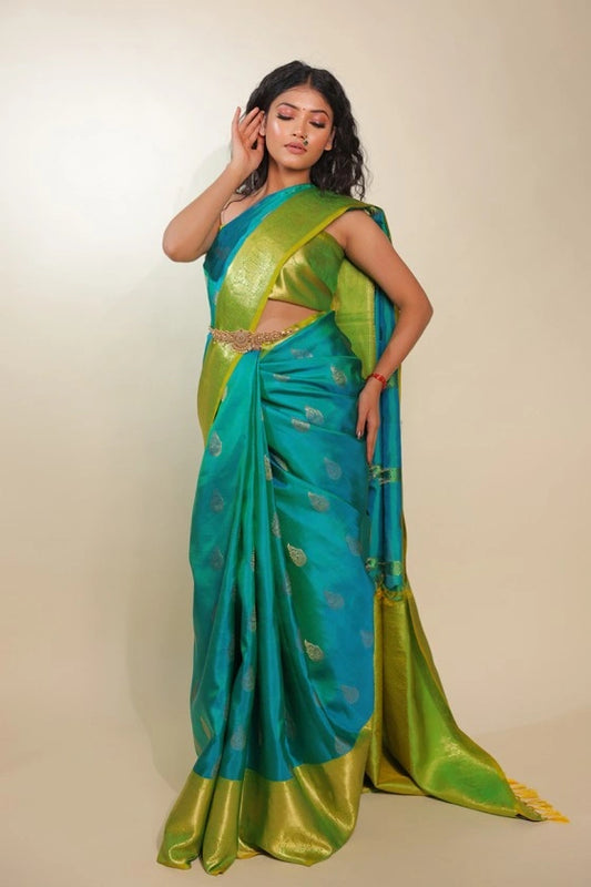 Iced Kiwi - Pure Silk Kanjivaram Handloom Green Saree