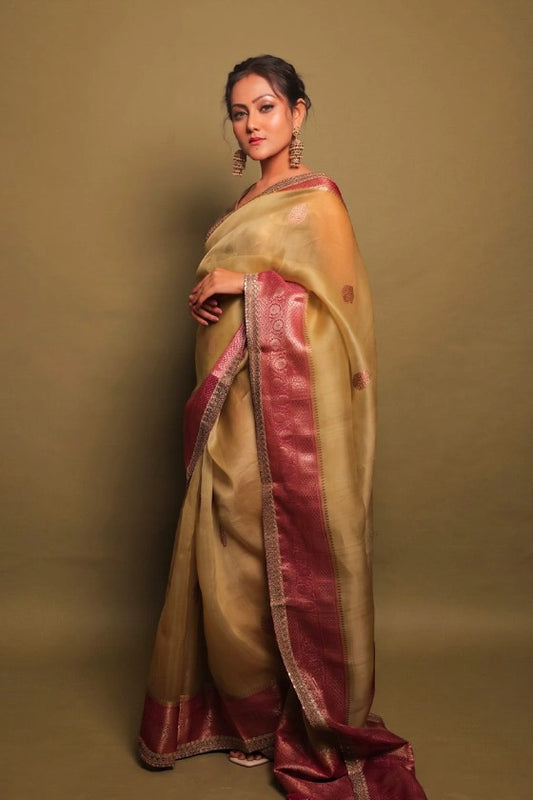 Delightful Lime - Banarasi Pure Kora Silk Buta Olive Green Handloom Saree