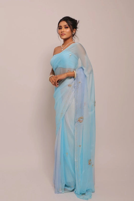 Nav - Pure Chiffon Sky Blue Gotta Patti Saree