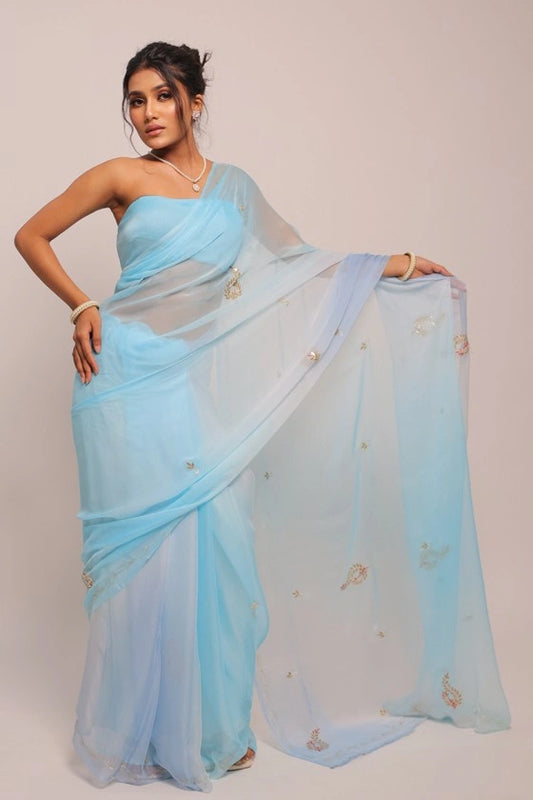 Nav - Pure Chiffon Sky Blue Gotta Patti Saree