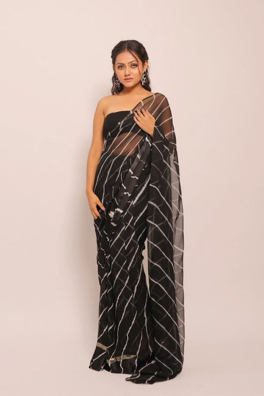 Madhurima Aangan - Chiffon & Satin Black Leheriya Saree