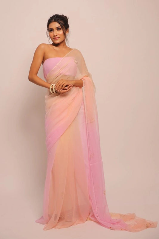 Maridangam - Pure Chiffon Peach / Pink Cut Dana Saree