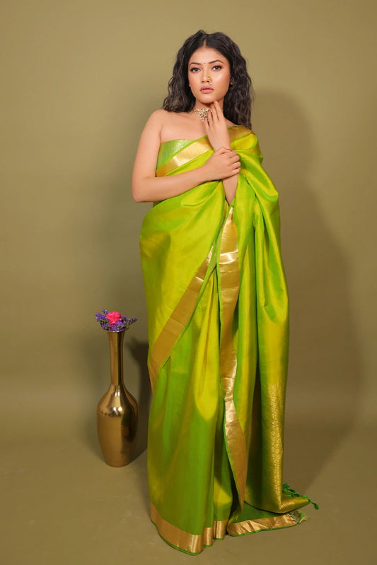 Ocean Notion - Pure Silk Kanjivaram Parrot Green Handloom Saree (Narrow Border)
