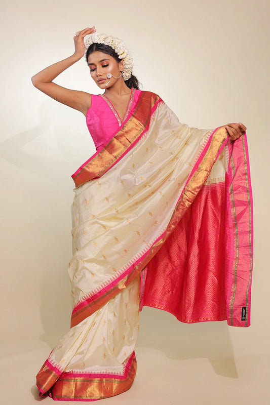 Tinge Of Rose - Pure Silk Handloom White & Pink Saree (Temple Border)