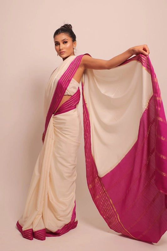 Rare Orchid - Pure Mysore Silk White & Puple Saree