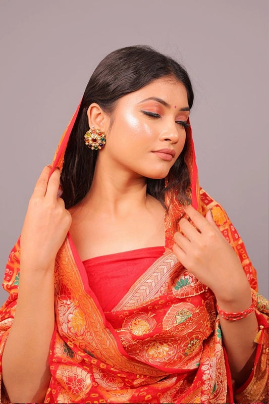 Spanish Kiss - Banarasi Pure Georgette Red Bandhani Meenakari Saree