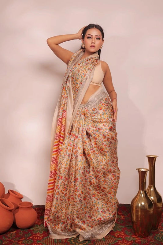 Coral Sea - Chanderi Cotton Beige Floral Print Saree