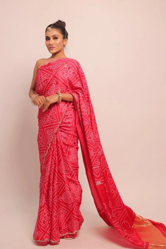 Stop Light - Mudal Gajji Silk Red Bandhej Saree With Zari
