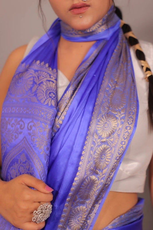 Pool Reflection - Banarasi Mashru Silk Blue Walkalam Saree