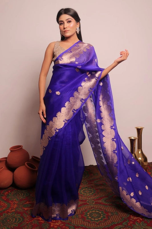 Bridgewaters - Banarasi Pure Kora Silk Buta Blue Handloom Saree