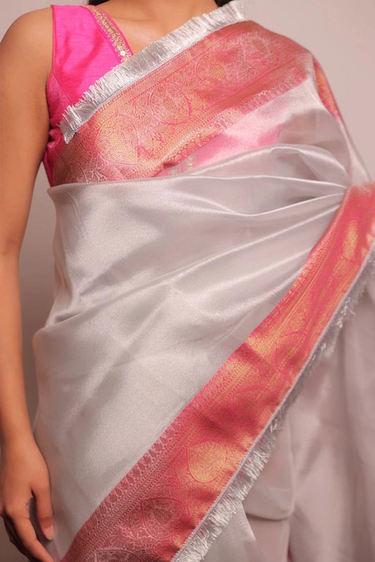 Crystal Stone - Banarasi Tissue Grey Saree