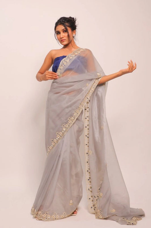Vanity Top - Pure Glass Silk Grey Saree