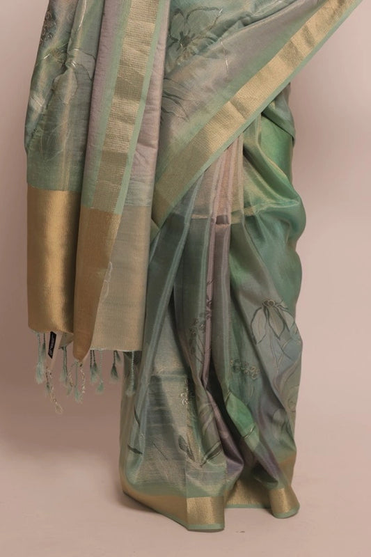 Prussian Teal - Mysore Floral Green Fancy Saree