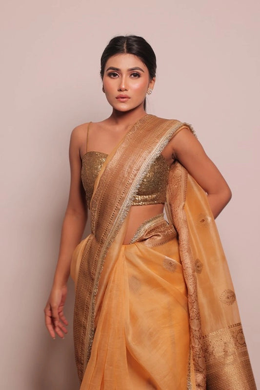 Topsail - Banarasi Pure Kora Silk Buta Golden Handloom Saree