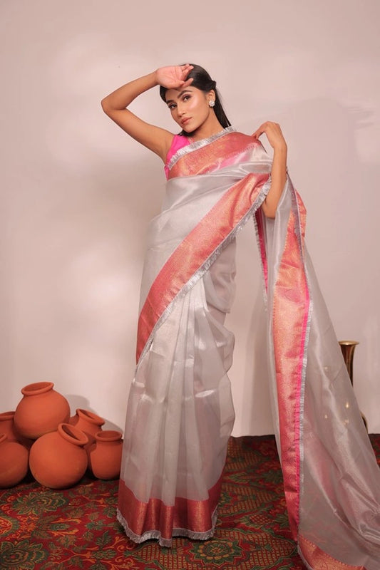 Crystal Stone - Banarasi Tissue Grey Saree
